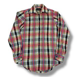 Vtg OMNI New York Disco Shirt Multicolor Plaid Thin Fabric Button Up Mens Small